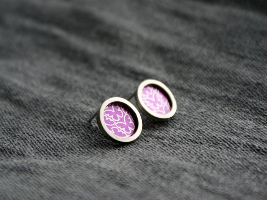 Pink butterfly pattern studs - silver circle