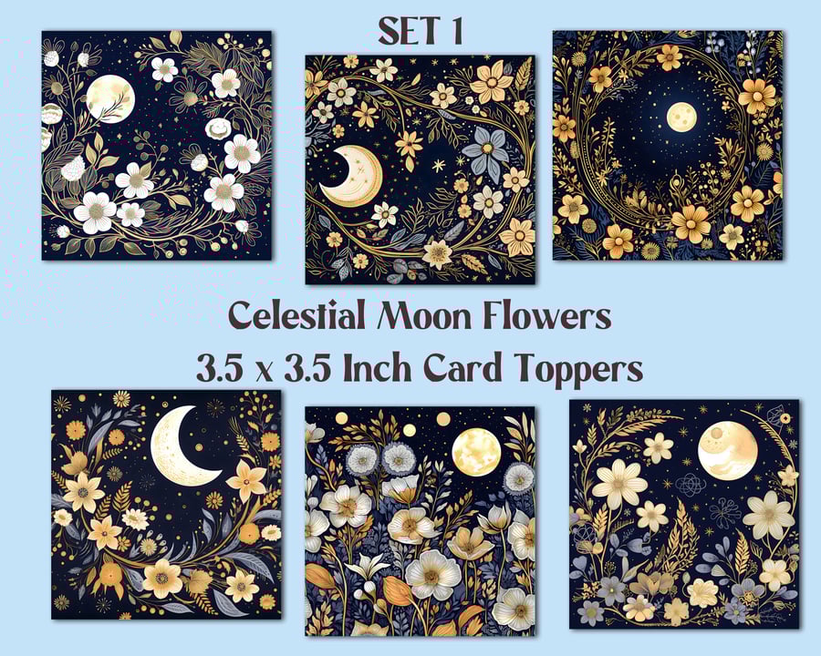 Celestial Moon Flowers Square Card Toppers for Card Making, Tags, Scrapbooks