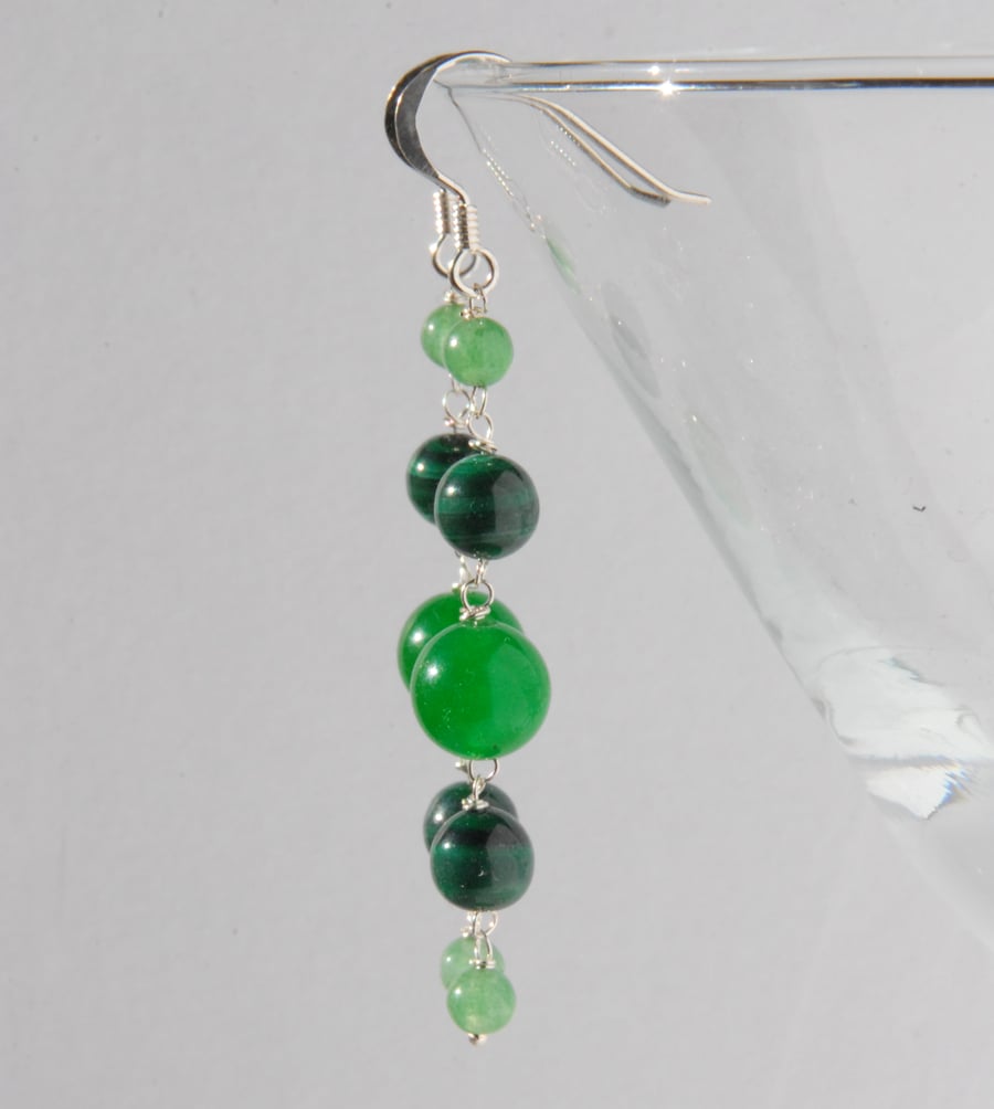 Long bright green beaded sterling silver earrings
