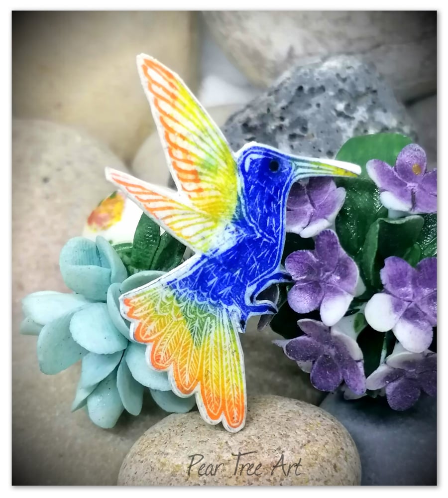 Hummingbird Brooch, Handmade, Blue, Yellow, orange