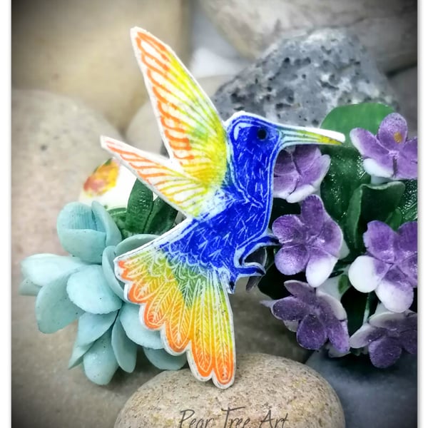Hummingbird Brooch, Handmade, Blue, Yellow, orange