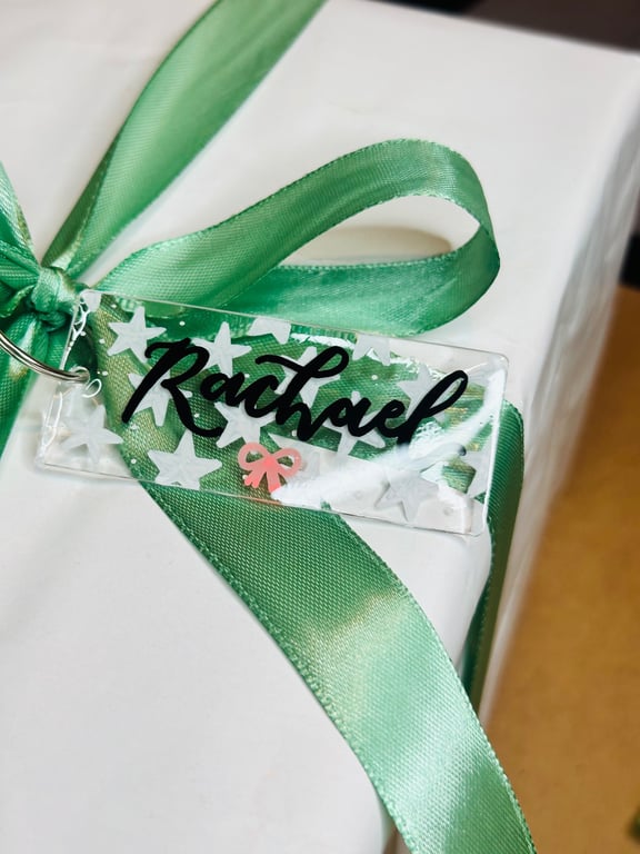 Personalised hand lettered acrylic Christmas gift tag keyring