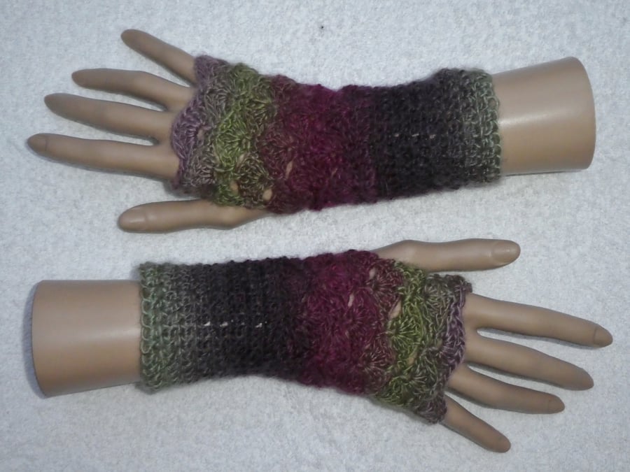 Crochet Fingerless Gloves Wrist Warmers in Double Knit Yarn Lilac and Pale Green