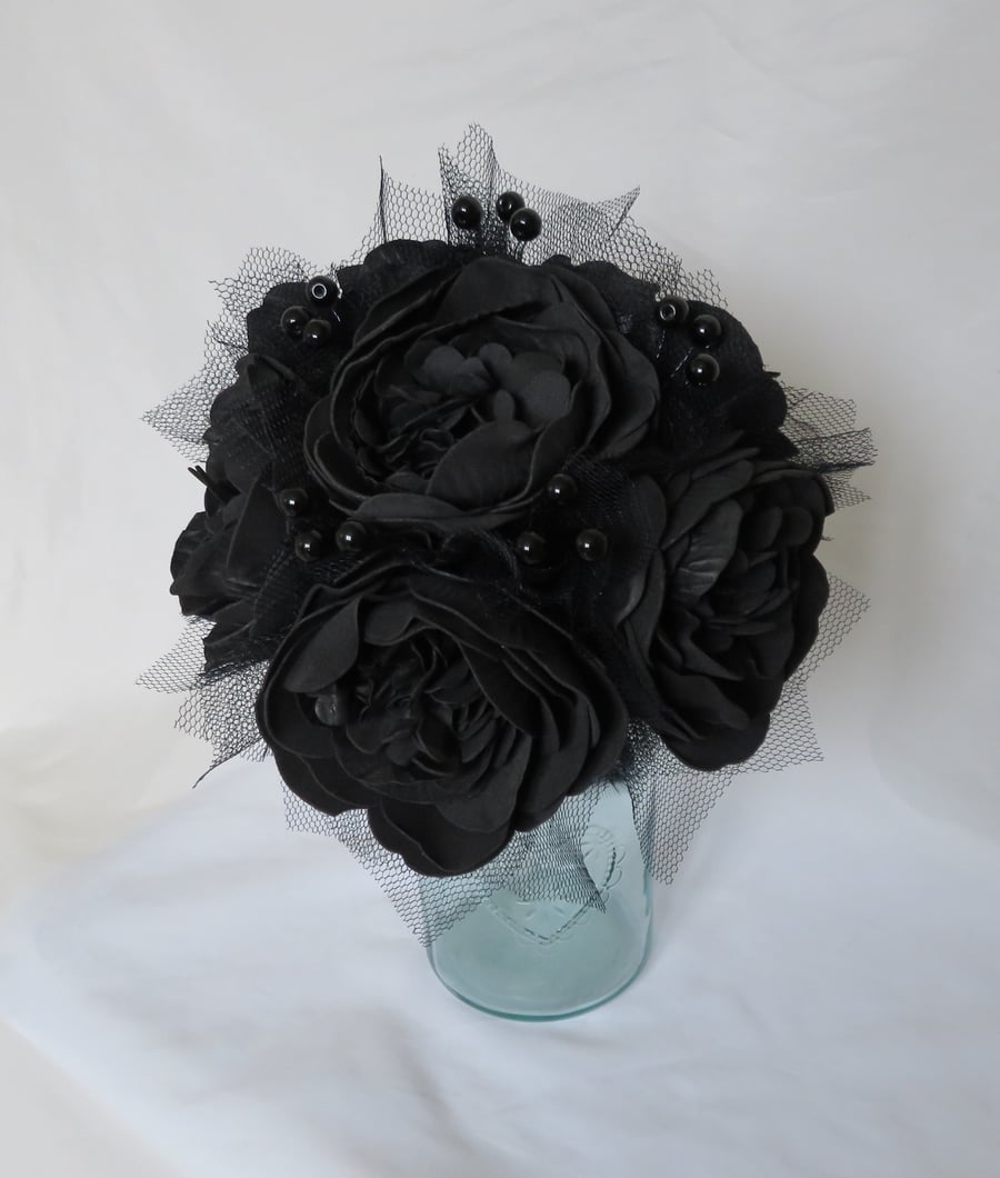 Black Peony Flower Bouquet with Tulle & Lace Gothic Brides Vintage Wedding 