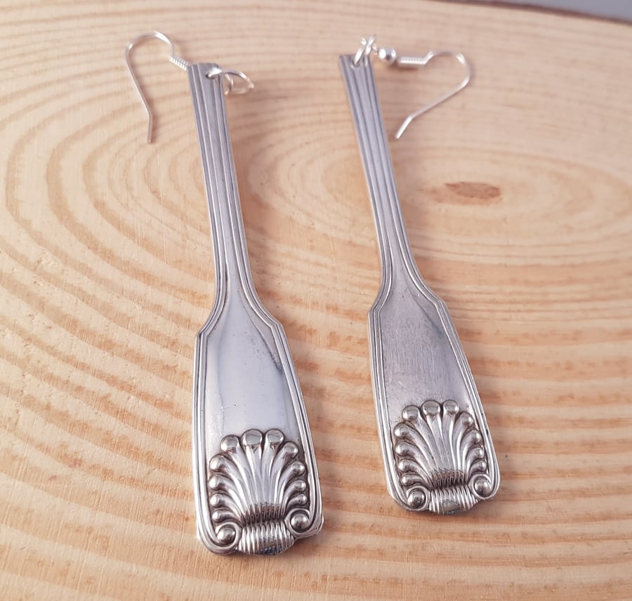 Upcycled Silver Plated Long Shell Tong Handle Drop Dangle Earrings SPE041704