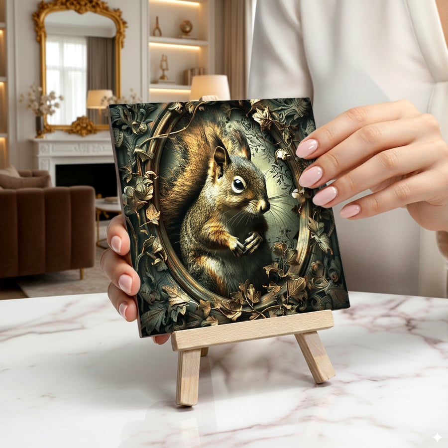 The Squirrel Ceramic Tile Art On Easel - Gothic Home Decor - Room Decor