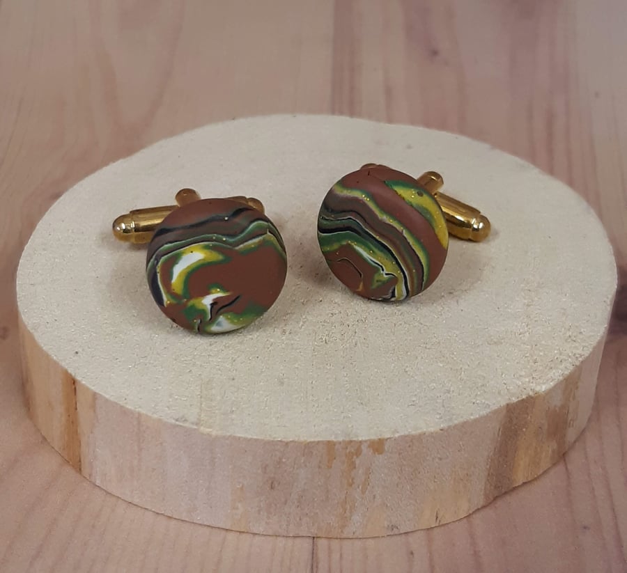 Polymer clay cufflinks in a brown swirl design with gift box