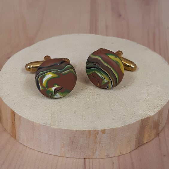 Polymer clay cufflinks in a brown swirl design with gift box
