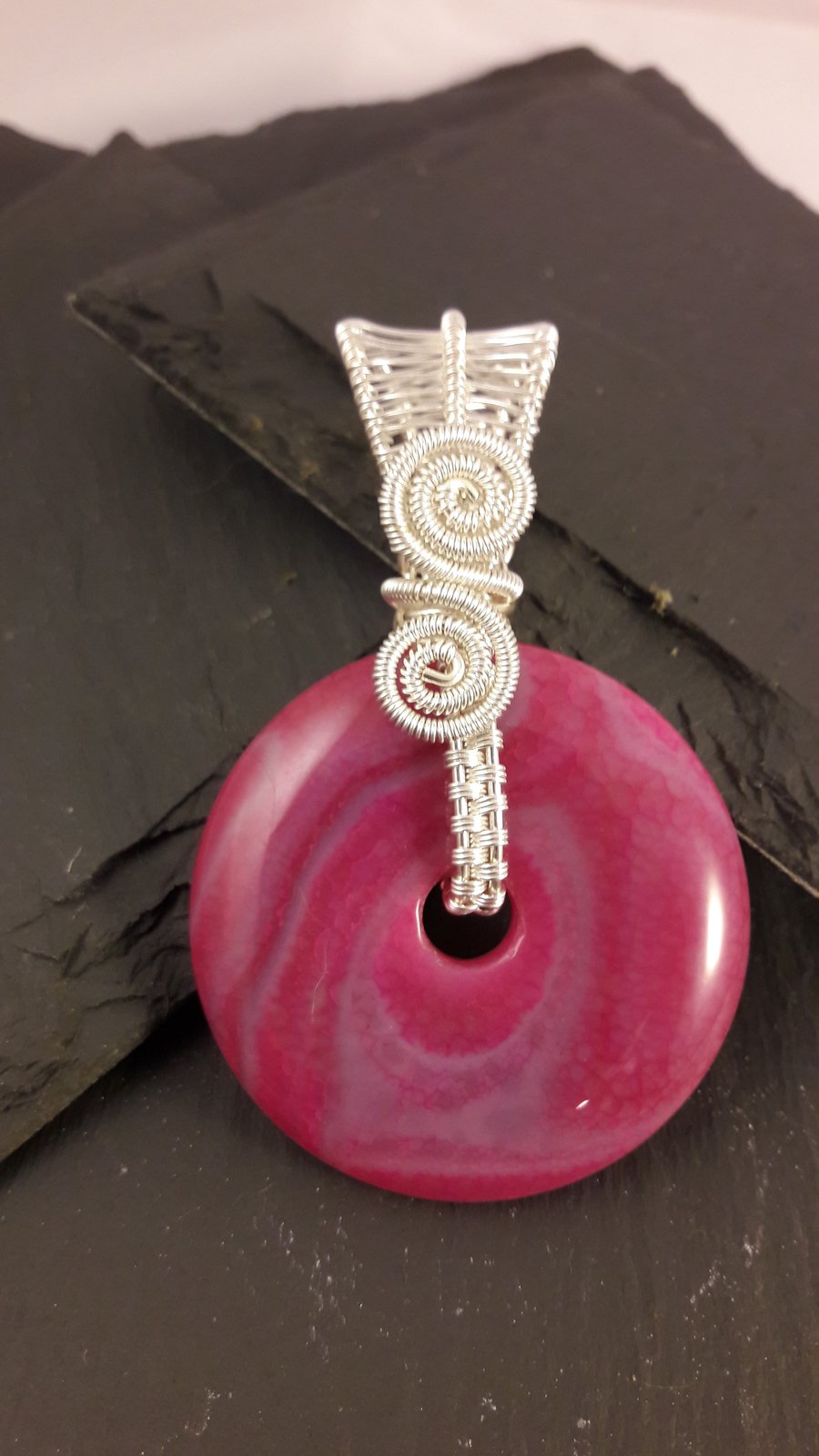 Bright Pink Agate Reversible Wire Wrapped Donut Pendant