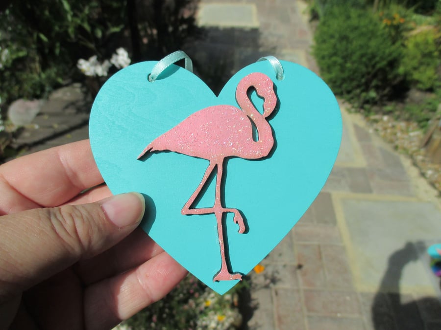 Flamingo Hanging Decoration Wood Wooden Love Heart Pink Bird with Glitter