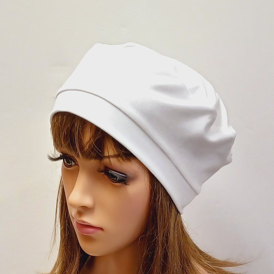 White cotton jersey beret, unlined hat, chemo hat, alopecia, hair loss