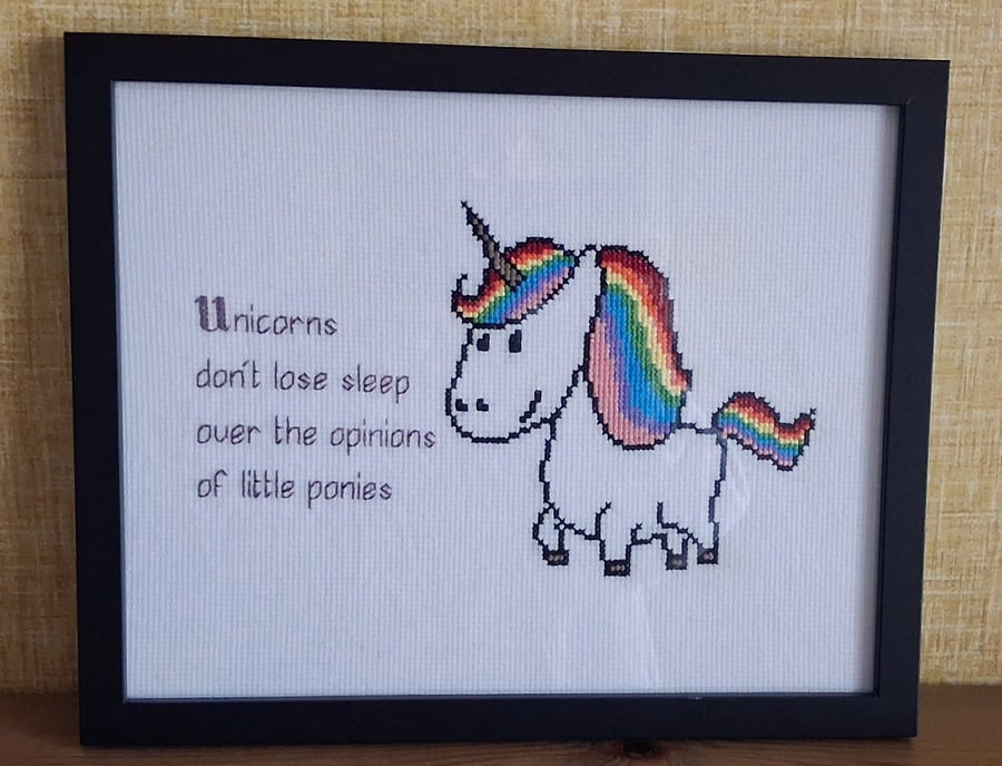Unicorns Don't Lose Sleep – Handmade Unicorn Cross Stitch – Black Frame 8x10