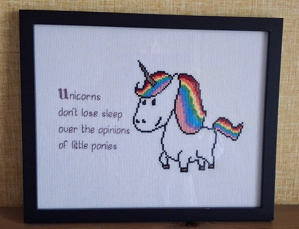 Unicorns Don't Lose Sleep – Handmade Unicorn Cross Stitch – Black Frame 8x10