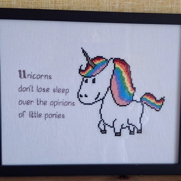 Unicorns Don't Lose Sleep – Handmade Unicorn Cross Stitch – Black Frame 8x10