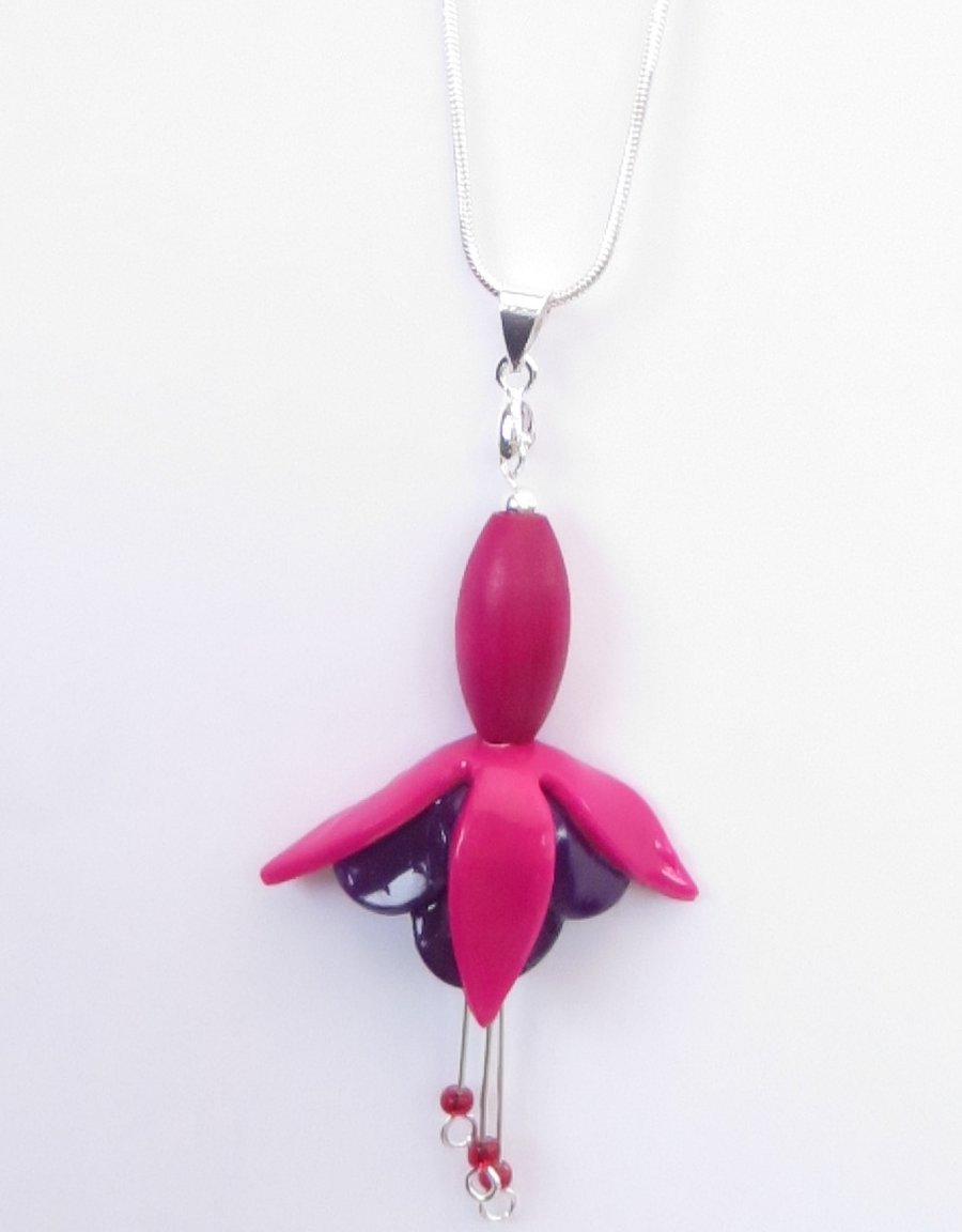 Fuchsia Flower Pendant, Pink & Purple, on sterling silver chain