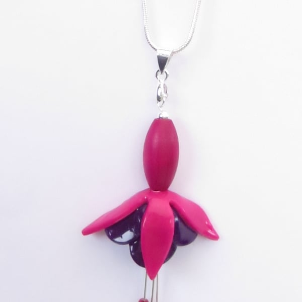 Fuchsia Flower Pendant, Pink & Purple, on sterling silver chain