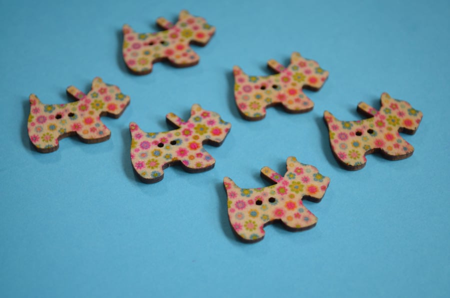 Wooden Scottie Dog Buttons Pink Green Yellow 6pk 28x20mm Scotty Puppy (DG3)