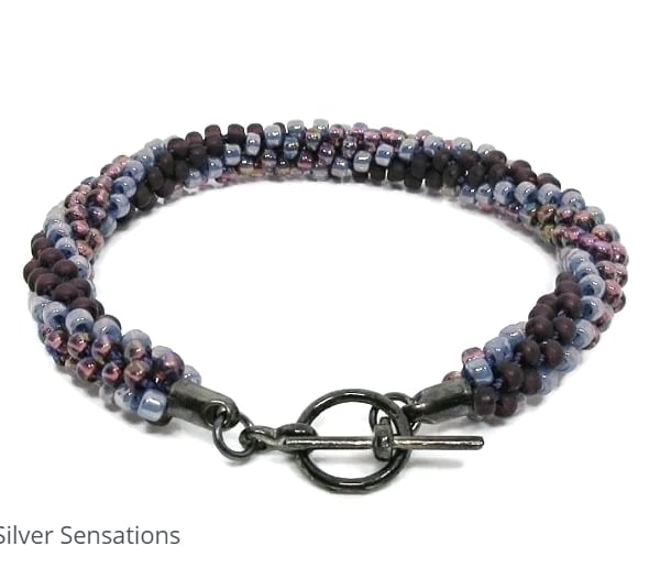 Purple Stripes Kumihimo Seed Bead Fashion Bracelet - Gift For Her Under 15