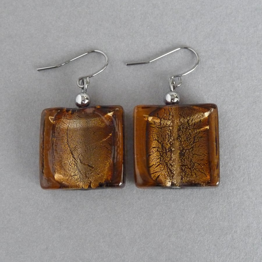 Large Brown Fused Glass Drop Earrings - Big Square Dangle Earrings - Jewellery