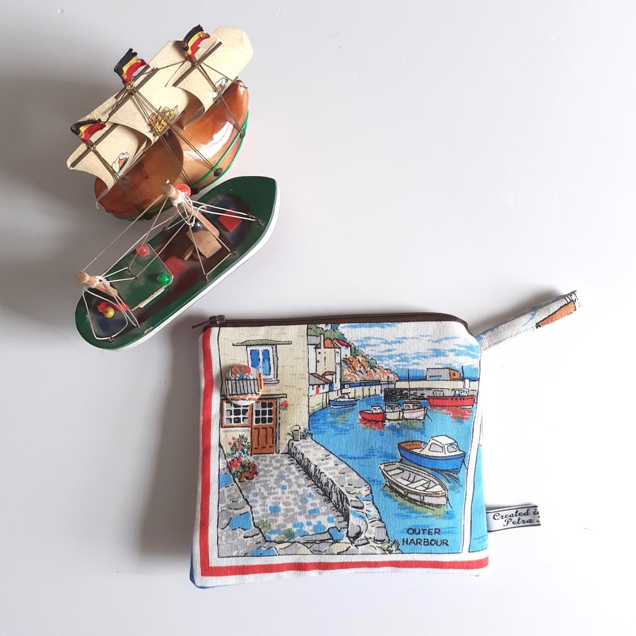 Cornwall Polperro upcycled vintage tea towel make up bag pouch purse storage bag