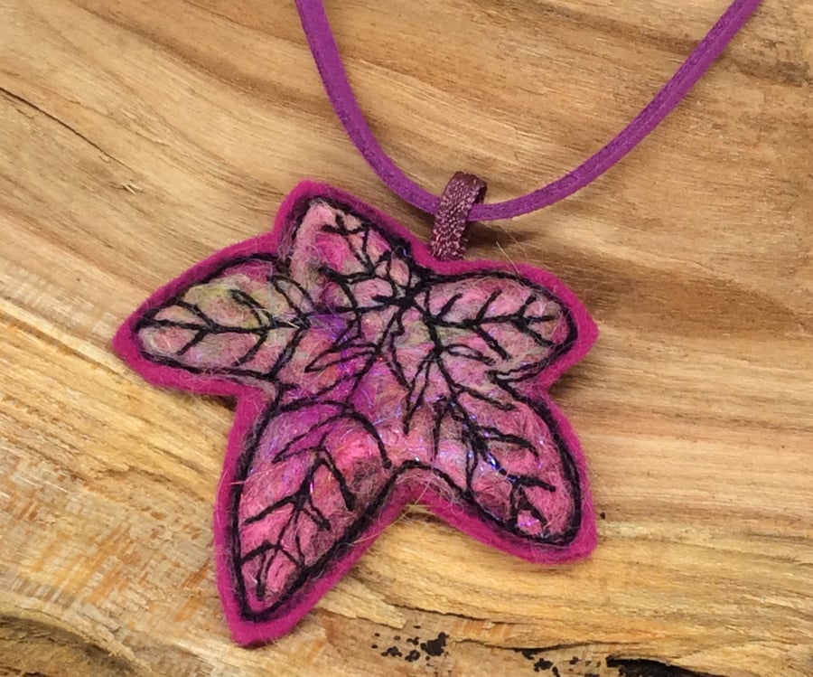 Embroidered needle felted leaf necklace or pendant. 