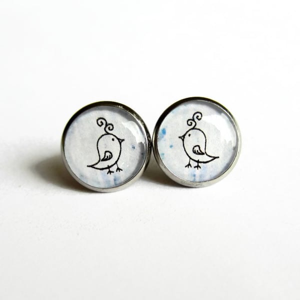 Pale Blue Bird Resin Stud Earrings - Hypoallergenic