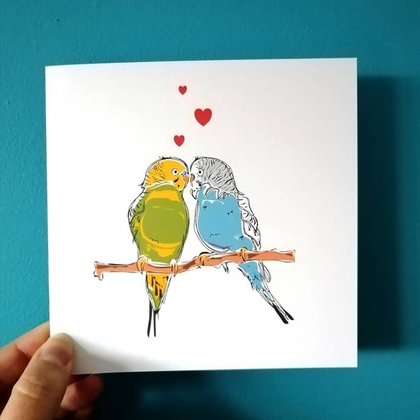 Budgies in love Card, Valentines Day card, Anniversary, engagement card