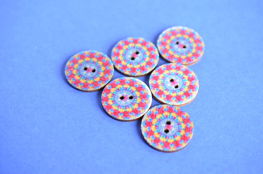 Wooden Mandala Patterned Buttons Red Blue Yellow 6pk 25mm (M8)