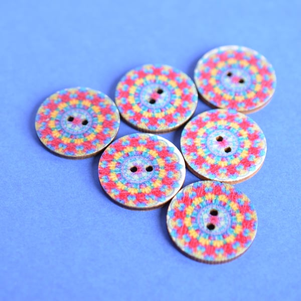 Wooden Mandala Patterned Buttons Red Blue Yellow 6pk 25mm (M8)