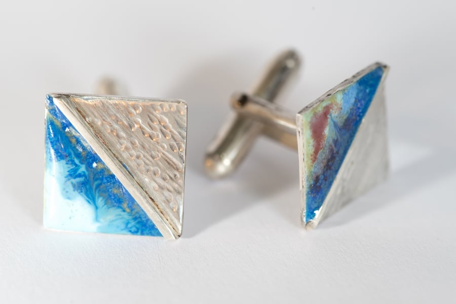 Sea Wave Cufflinks with sunset - handmade in Wales