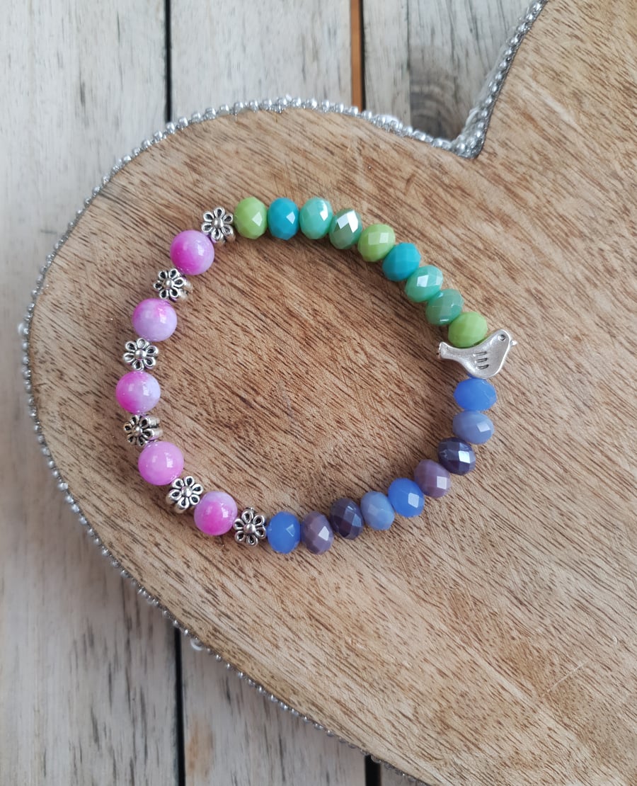 Elasticated Bracelet - Bird & Flower Multi Coloured Mixed Beads