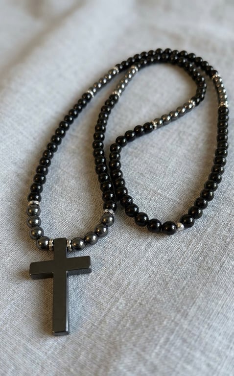 Men’s Black Onyx and Hematite Cross Necklace – 26 Inch