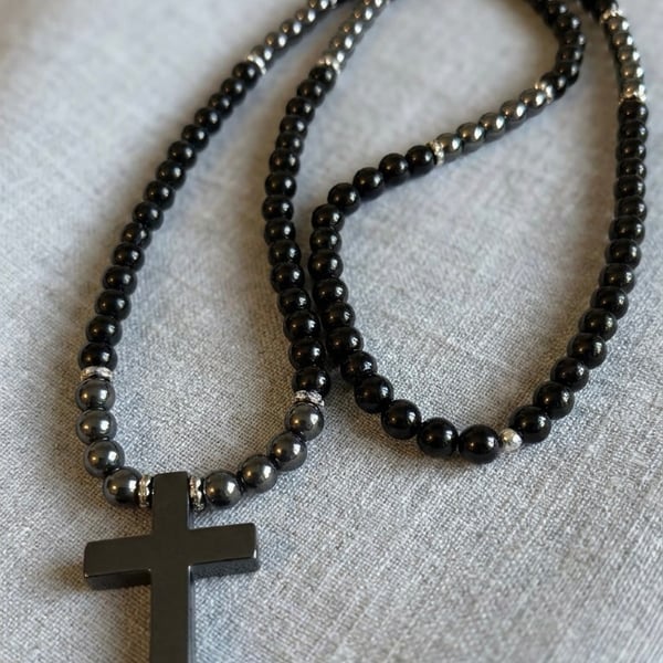 Men’s Black Onyx and Hematite Cross Necklace – 26 Inch