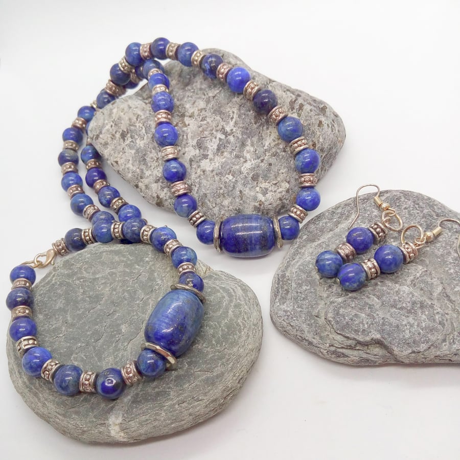 Lapis Lazuli and Silver Spacer Bead 3 Piece Jewellery Set, Birthday Gift