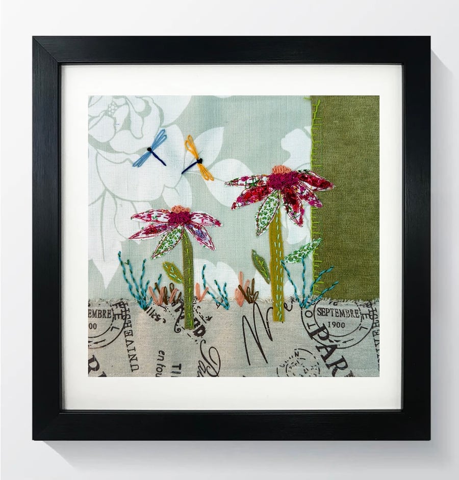 Textile Art - Echinacea Flowers and Dragonflies. 
