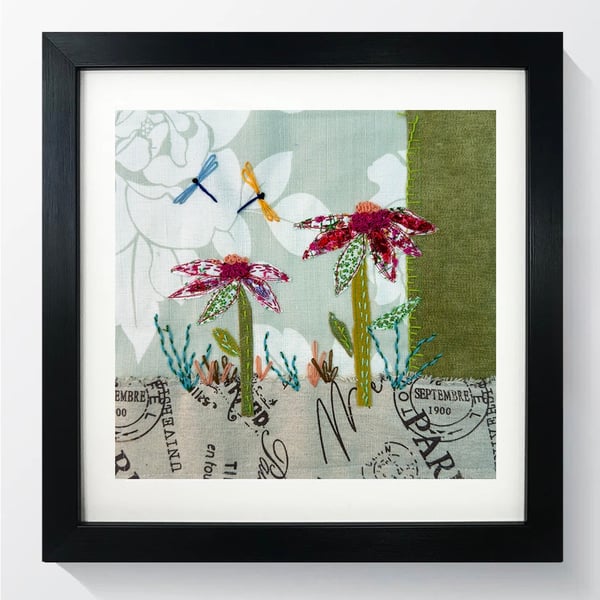 Textile Art - Echinacea Flowers and Dragonflies. 