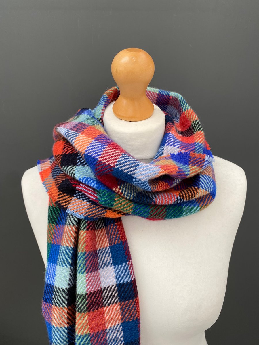 Handwoven vibrant check merino scarf