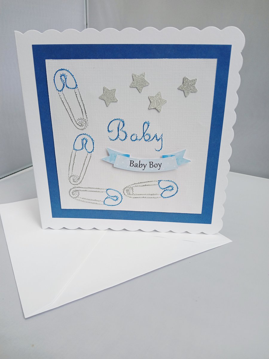 New Baby Card for a Baby Boy in Blue and Silver