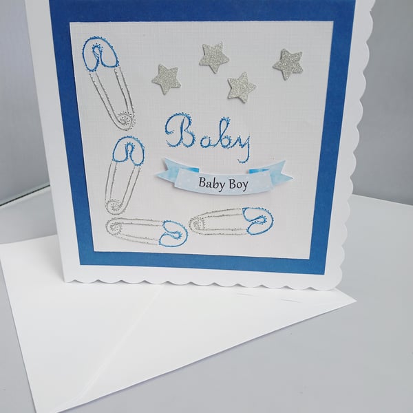 New Baby Card for a Baby Boy in Blue and Silver