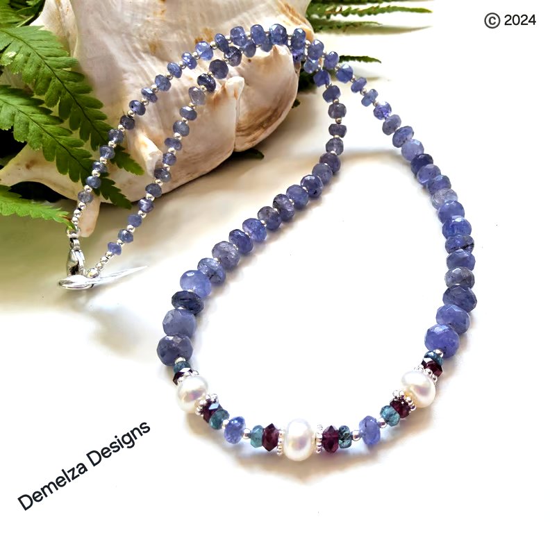 Designer Tanzanite, Kyanite & Garnet, Freshwater Pearls Sterling Silver Necklace