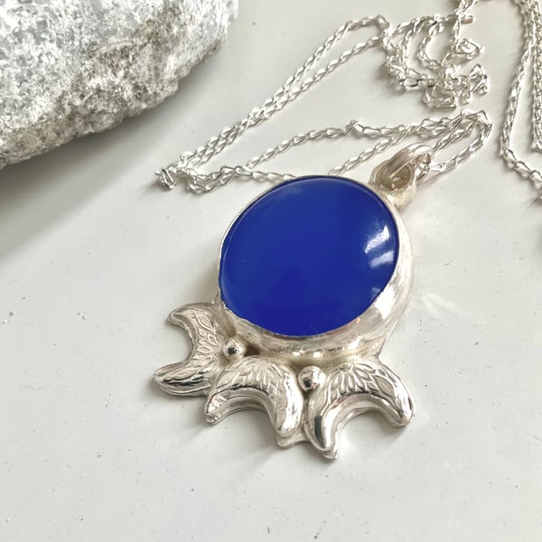 Sterling Silver Asymmetrical Blue Moon Pendant Necklace 