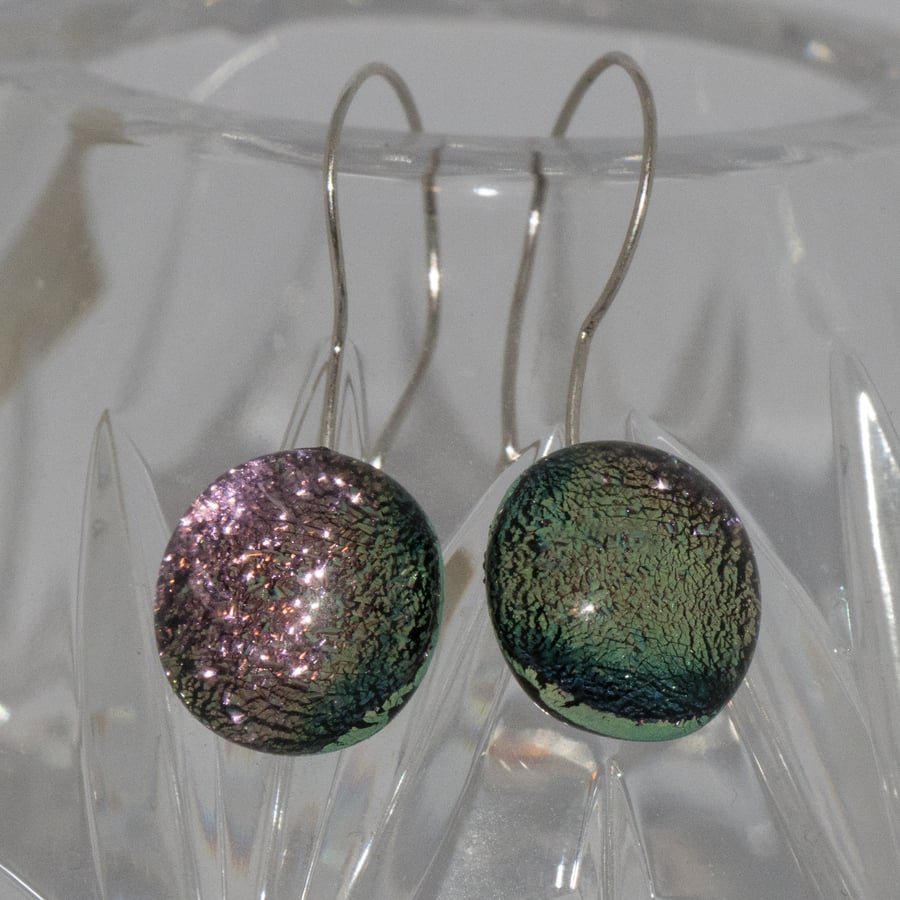 Pale Pink Dichroic Glass Dot Earrings on Sterling Silver Wires - 2082