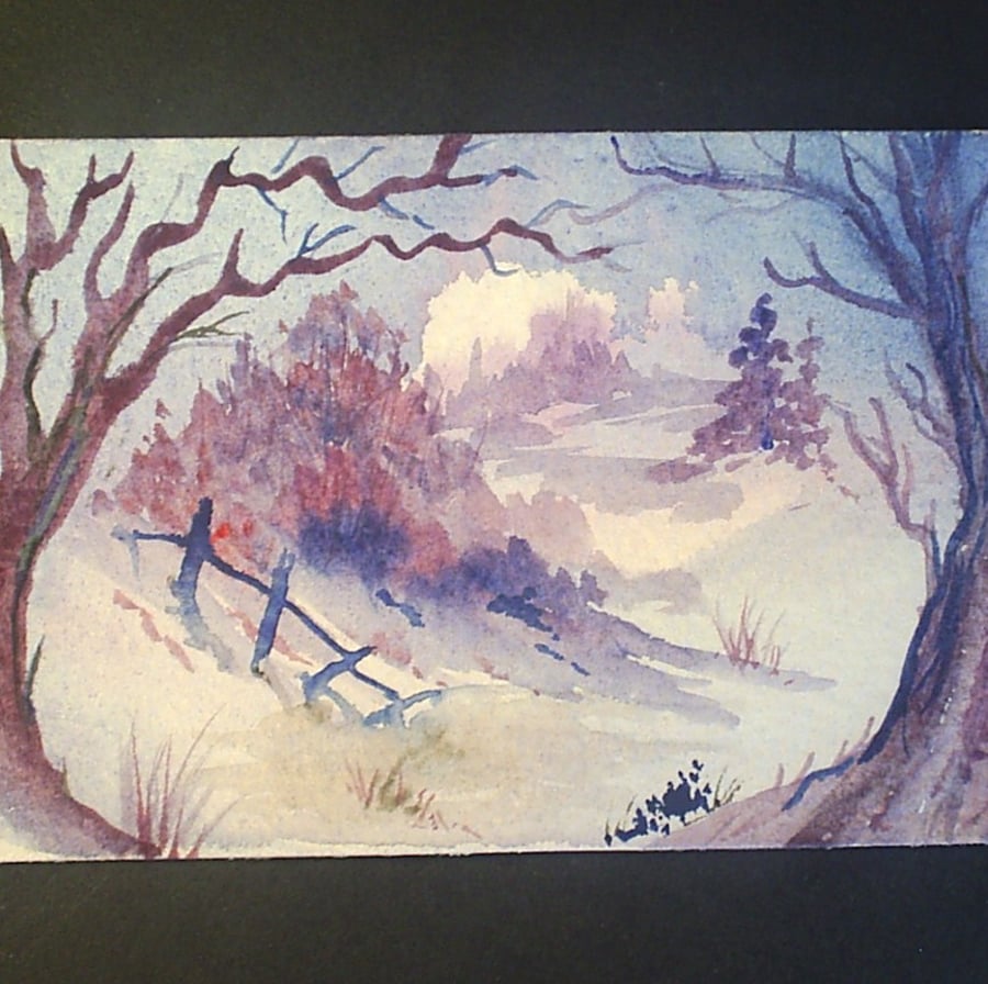 aceo SFA original miniature watercolour painting landscape winter fantasy