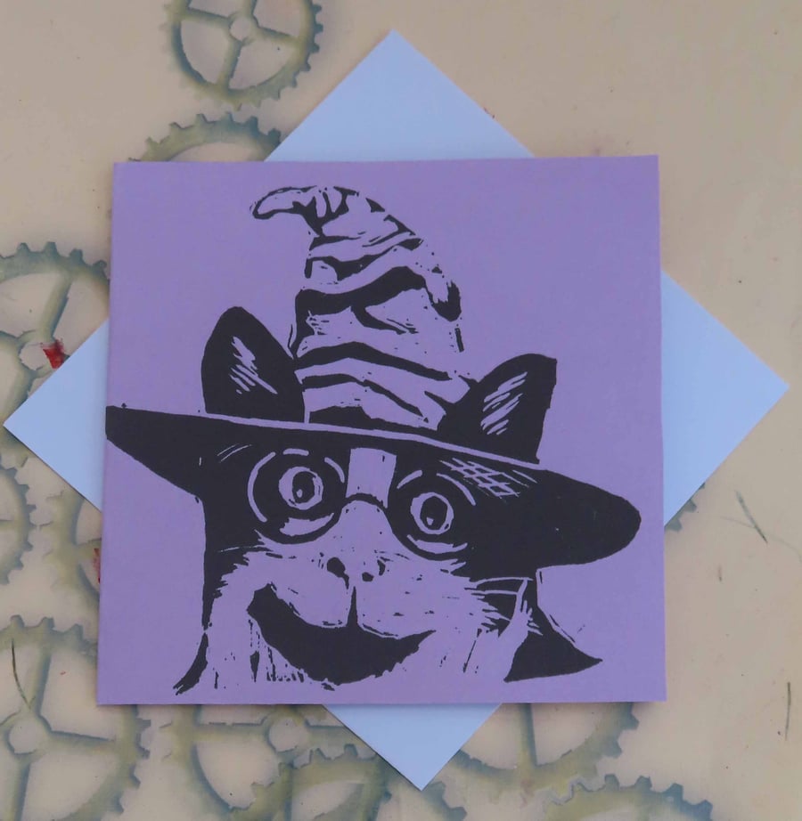 Harry Potter Cat Art Greeting Card From Original Lino Cut Print Lilac