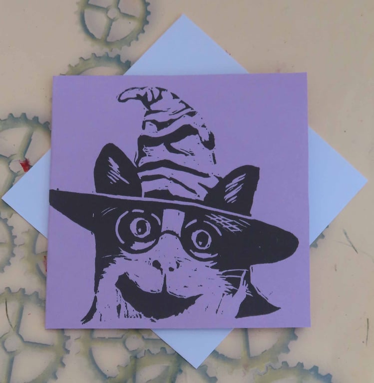 Harry Potter Cat Art Greeting Card From Original Lino Cut Print Lilac