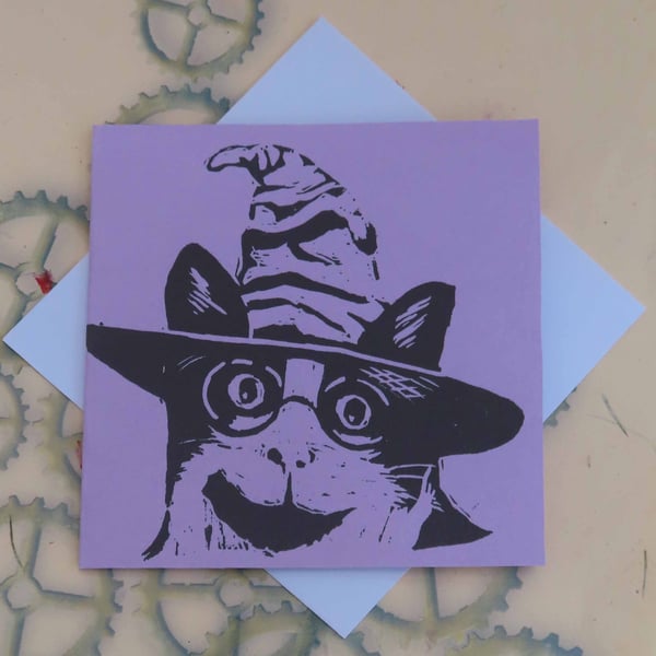 Harry Potter Cat Art Greeting Card From Original Lino Cut Print Lilac