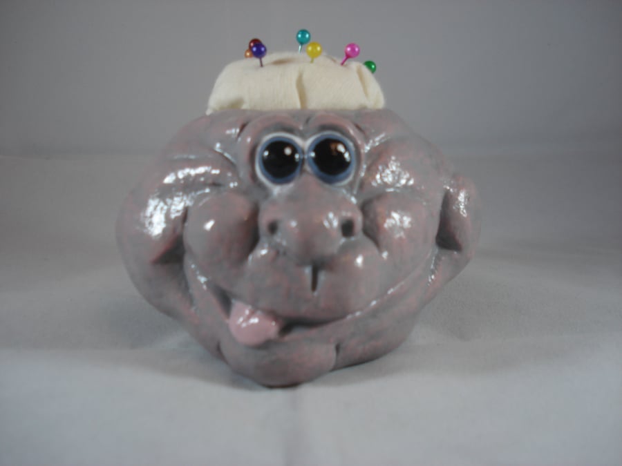 Small Grey & Pink Novelty Ceramic Stone Rock Pebble Needlework Craft Pin Cushion