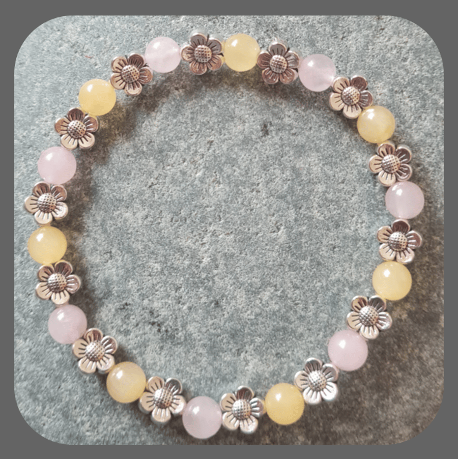 Pretty Ambronite and Rose Quartz Stacker Bracelet with Tibetan Silver Flowers