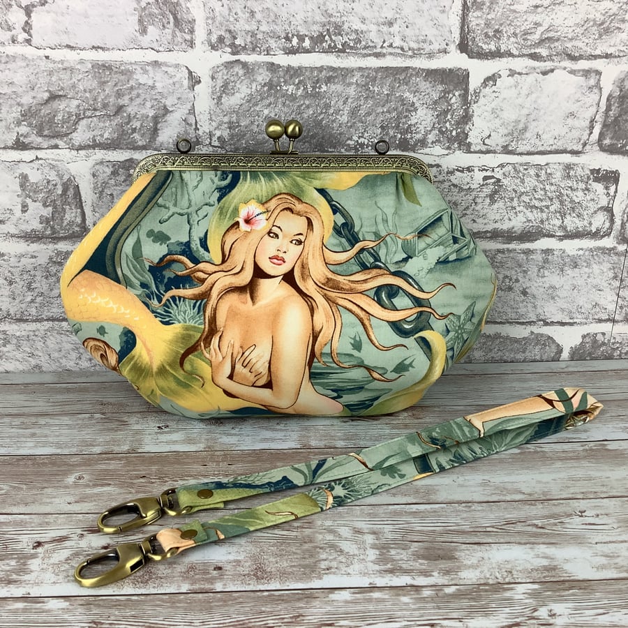 Mermaids fabric medium fabric frame clutch handbag, Kiss clasp, Sea Sirens