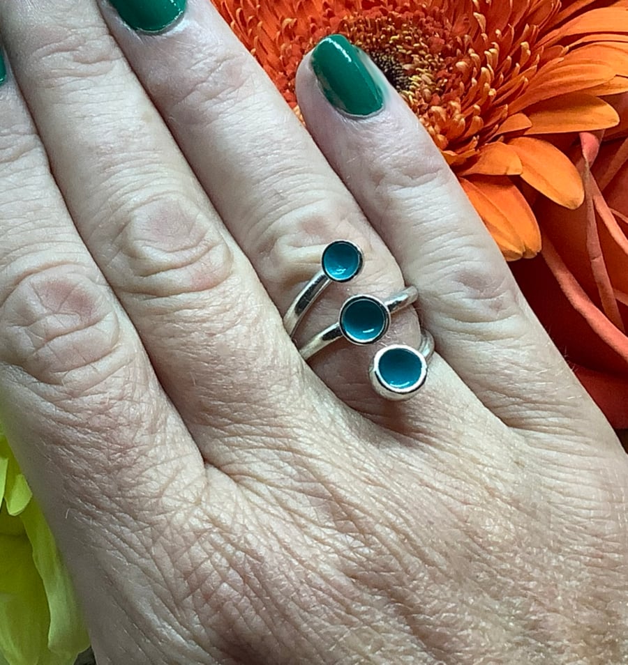 Sterling silver and turquoise blue enamel wrap ring 